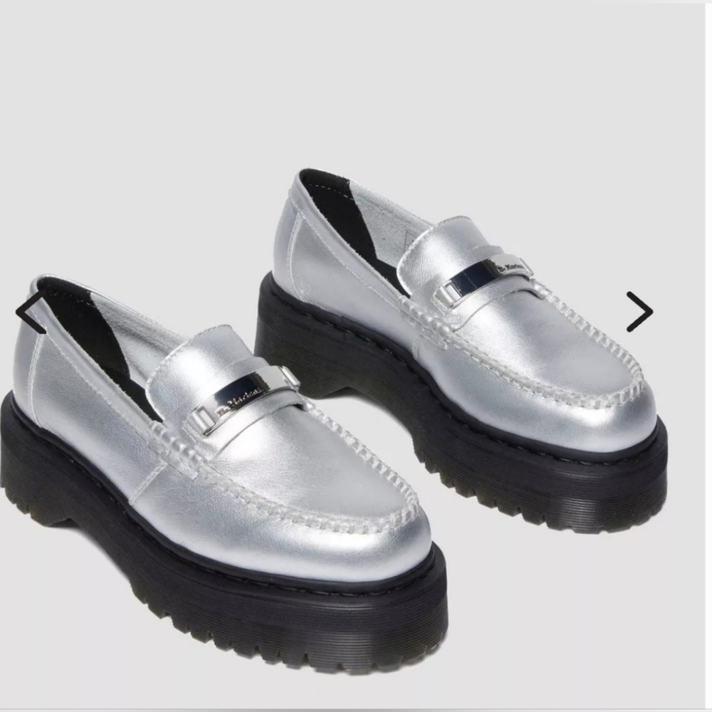NWT! Dr. Martens Size 9M, Silver Leather Platform Loafers.